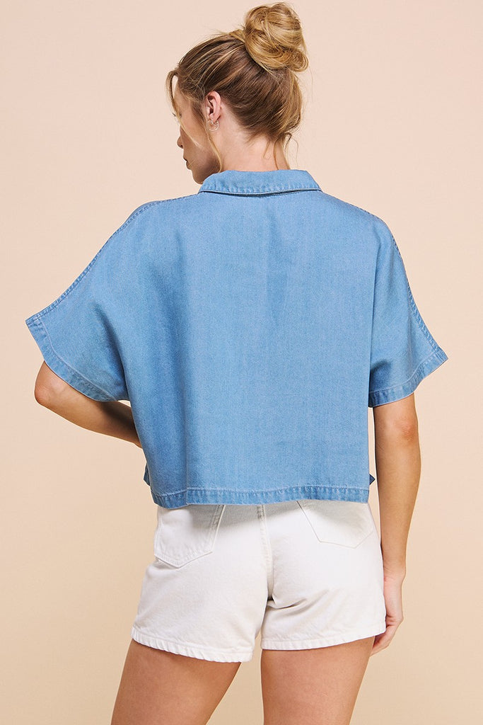 Washed Chambray Collared Dolman Sleeve Top
