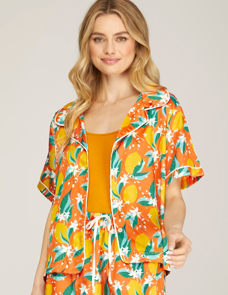 Lime Print Satin Top and Shorts PJ Set