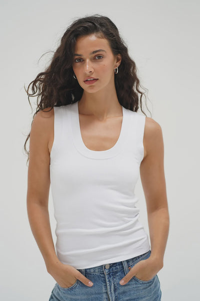 Double Layer Ribbed Scoop Tank in White