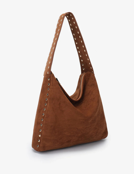 Pascal Faux Suede Studded Shoulder Bag in Rust