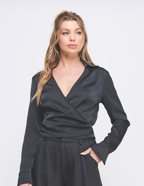 Long Sleeve Crinkle Satin Wrap Shirt