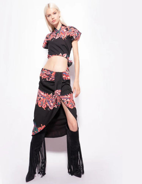 GIREVOLE GONNA POPELINE Tropical Print Skirt