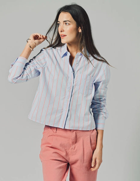 The Long Sleeve Boxy Crop in Blue/Pink/Red Micro Stripe