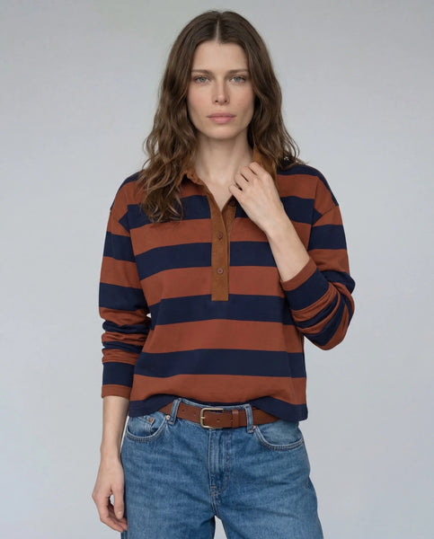 The Rugby Crop Shirt in Tobacco/Navy Stripe