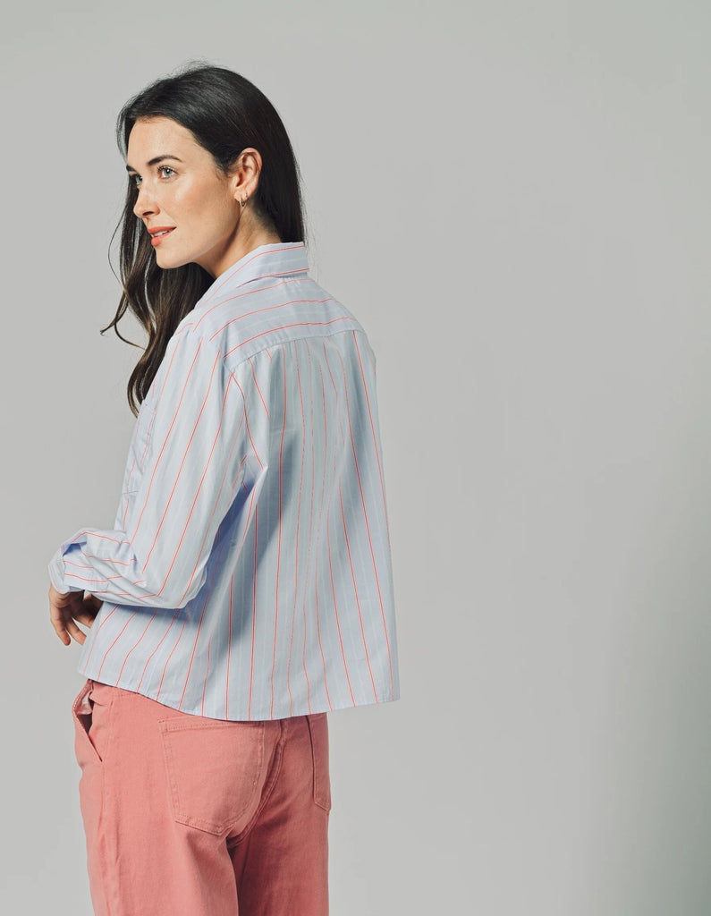 The Long Sleeve Boxy Crop in Blue/Pink/Red Micro Stripe