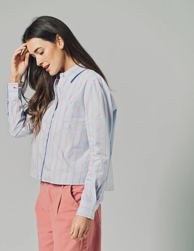 The Long Sleeve Boxy Crop in Blue/Pink/Red Micro Stripe