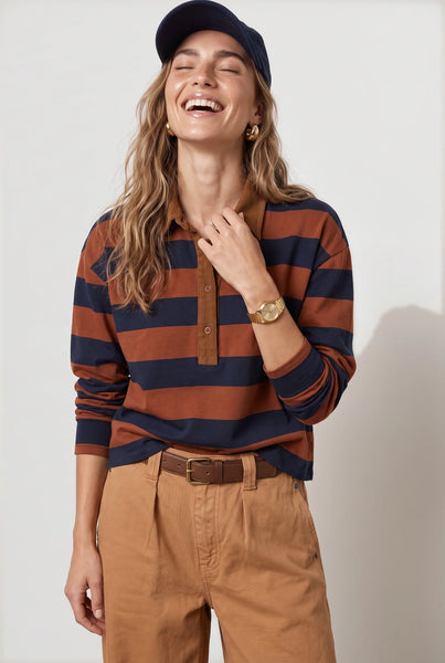 The Rugby Crop Shirt in Tobacco/Navy Stripe