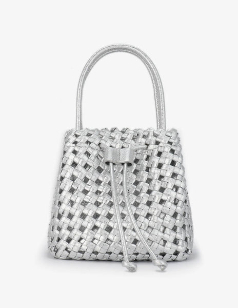 Woven Mini Bucket Bag in Silver