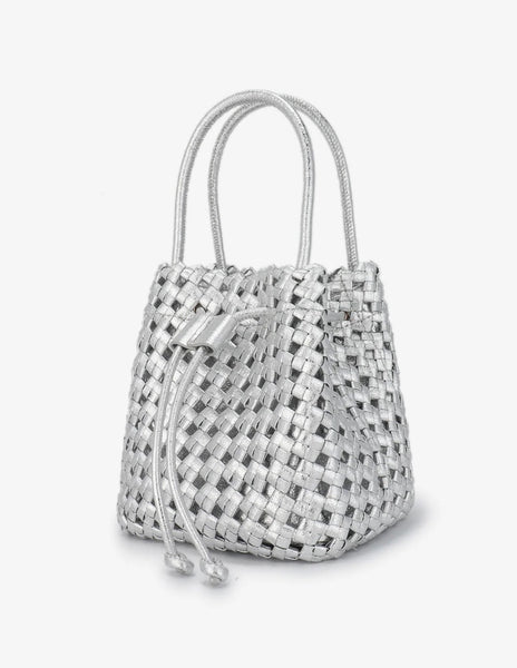 Woven Mini Bucket Bag in Silver