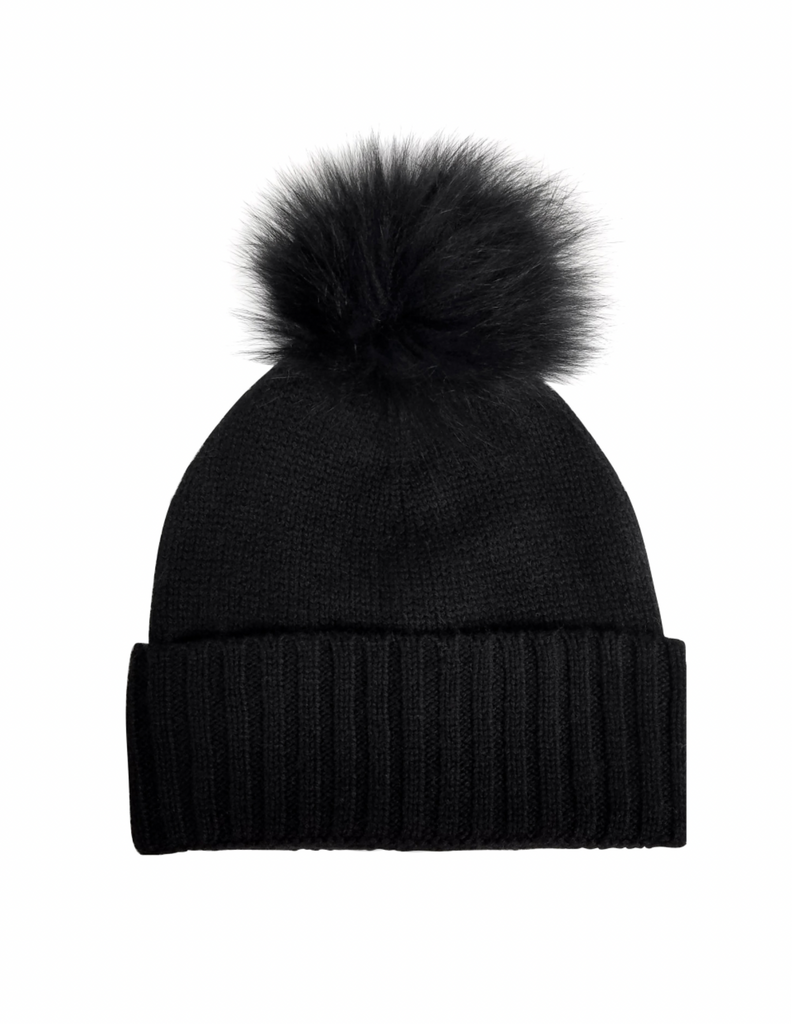 Cashmere Slouchy Cuff Beanie with Real Fur Pom